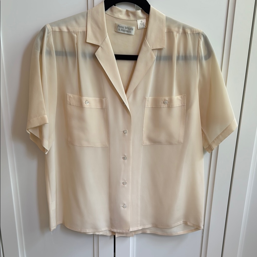 Vintage Silk Cream Short Sleeve Button-Up Shirt
